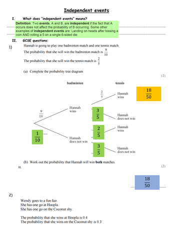 Probability Trees Exam Questions Worksheets And Answers Teaching Resources
