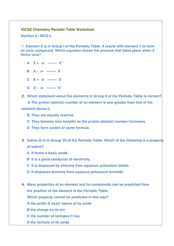Periodic Table _IGCSE_Chemistry_Worksheet and Ans Key