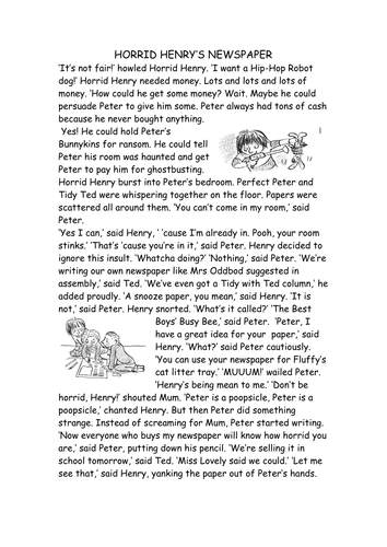 printable kindergarten worksheet for reading Year Horrid Henry Comprehension by hazysunshine10 2