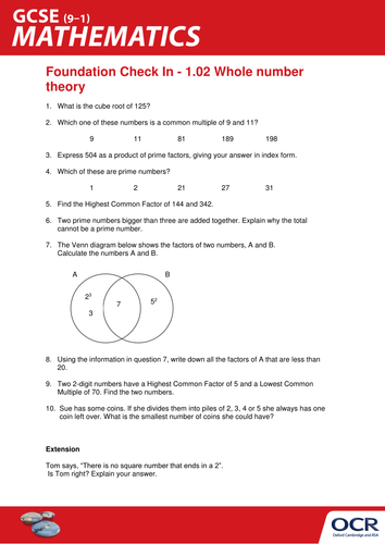 OCR Maths: Foundation GCSE - Check In Test 1.02 Whole number theory