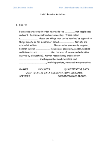 Unit 1 Introduction to Small Business Edexcel Revision Actvities