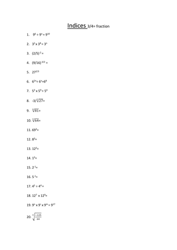 20 questions on Indices (with answers) (Step 8 and 9) | Teaching Resources