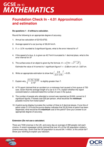 OCR Maths: Foundation GCSE - Check In Test 4.01 Approximation and estimation