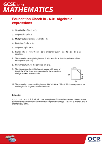 OCR Maths: Foundation GCSE - Check In Test 6.01 Algebraic expressions