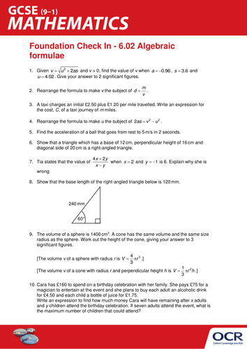 OCR Maths: Foundation GCSE - Check In Test 6.02 Algebraic formulae