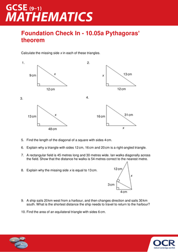 OCR Maths: Foundation GCSE - Check In Test 10.05a Pythagoras’ theorem