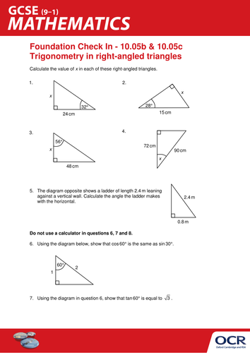 Ocr Maths Foundation Gcse Check In Test 1005bandc Trigonometry In Right Angled Triangles 5058