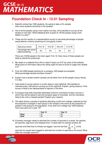 OCR Maths: Foundation GCSE - Check In Test 12.01 Sampling
