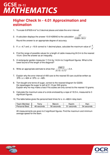 OCR Maths: Higher GCSE - Check In Test 4.01 Approximation and estimation