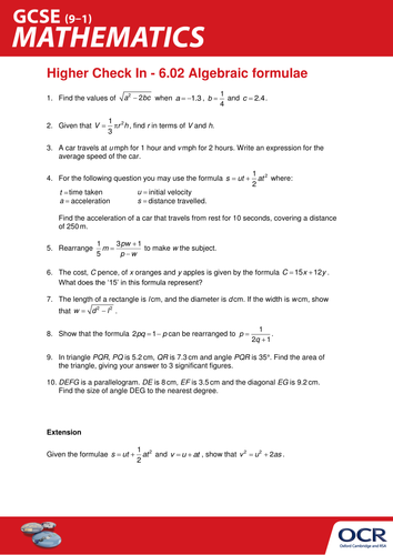 OCR Maths: Higher GCSE - Check In Test 6.02 Algebraic formulae