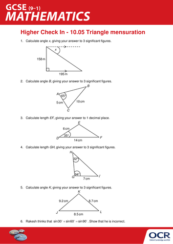 OCR Maths: Higher GCSE - Check In Test 10.05 Triangle mensuration