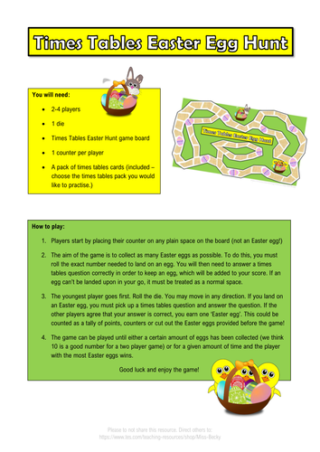 Times Tables Easter Egg Hunt Board Game - Differentiated