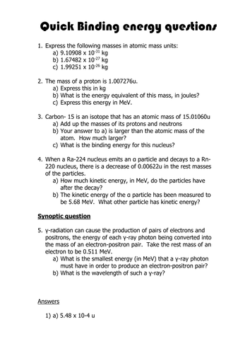 Binding Energy Questions With Answers And Extension Questions Teaching Resources