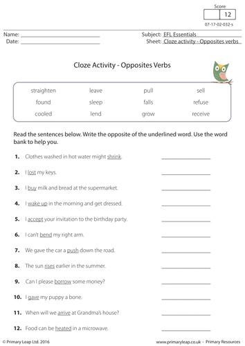 Cloze Activity - Opposites Verbs