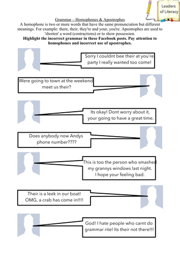 Homophones & Apostrophes Worksheet - Facebook Posts