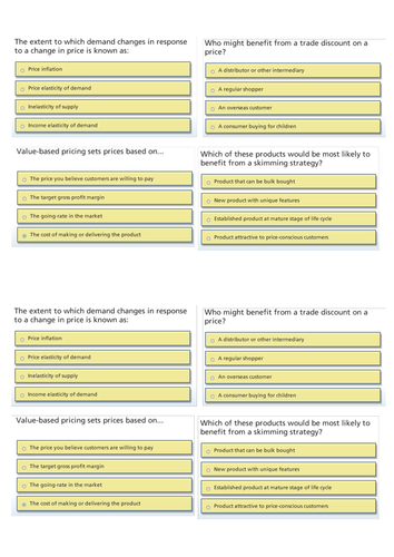 Price - Marketing Mix Multiple Choice Questions / Homework / Classwork