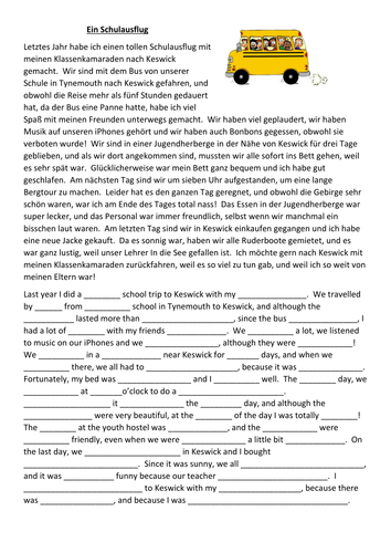 GCSE German - Past school trip parallel text gap-fill by GCSE German - Past school trip parallel text gap-fill by