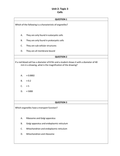 Biology A level MCQs and answers (Unit 2)