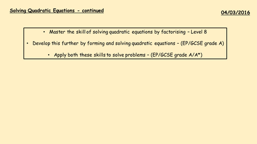 Quadratic Equations - Solving and Problem Solving