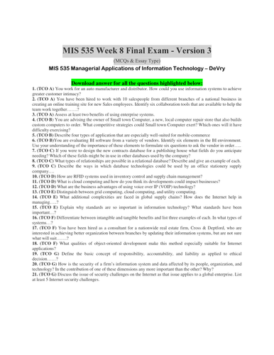 MIS 535 Final Exam (21 Practice Questions with Answers) | Teaching Sns-Brigh10