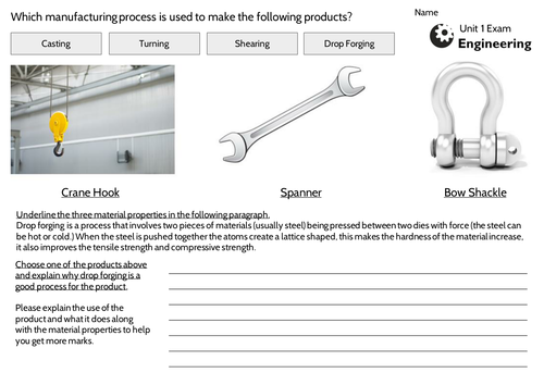 BTEC First Award in Engineering - Unit 1 Exam - Manufacturing Processes worksheets/revision