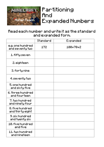 Minecraft Themed Two and Three Digit Partitioning 