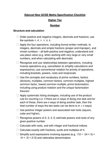 New Edexcel Maths GCSE Specification Checklist Higher Tier 