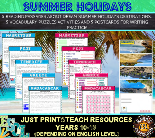 SUMMER HOLIDAYS DESTINATIONS (ESL): Reading and Writing Practice (Postcards)