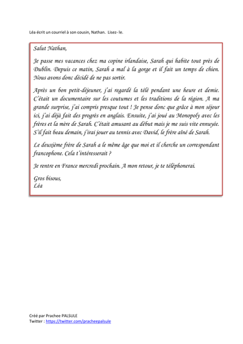 French IGCSE, GCSE Paper 2 style comprehension exercise 