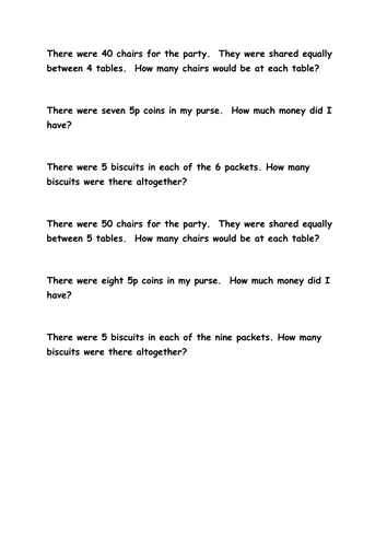 1 step multiplication and division problems - working at year 2 standard