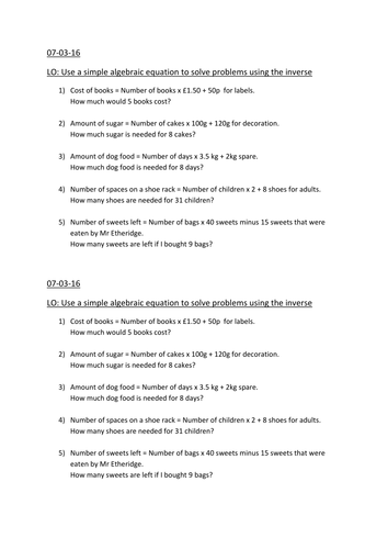KS2 Algebra questions based on SATS sample paper