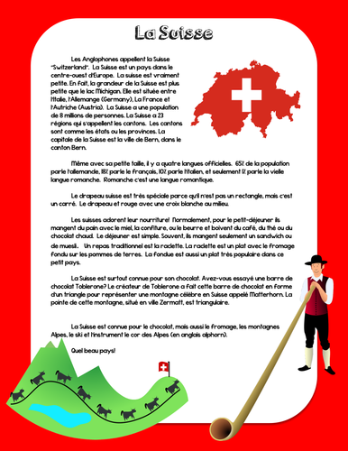 Francophone Culture Reading - Switzerland - with questions and mini assignment