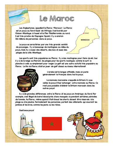 Francophone Culture Reading - Morocco - with questions and mini assignment