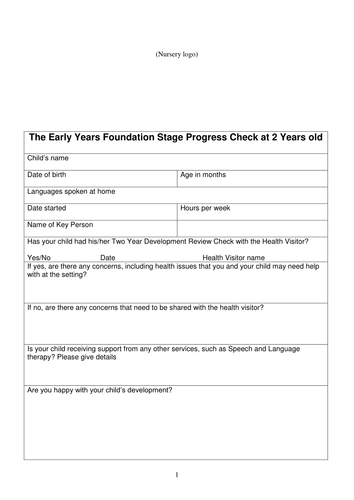 Two Year Old Progress Check template (EYFS)