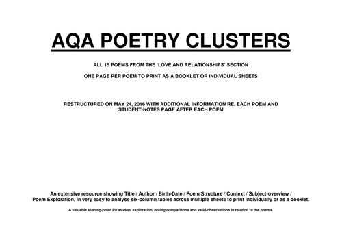 GCSE POETRY - LOVE AND RELATIONSHIPS CLUSTER (FULL 15 POEM ANALYSIS) - AQA - REVISED MAY 24, 2016