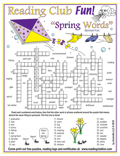 Spring Vocabulary (Synonyms) Crossword Puzzle by PuzzleFun ...