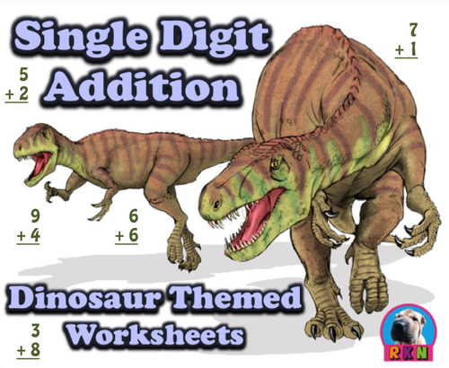 Single Digit Addition - Dinosaur Themed Worksheets - Vertical