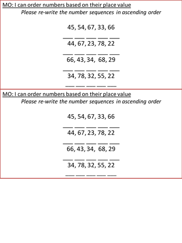 Ordering Numbers lowest to highest worksheets 