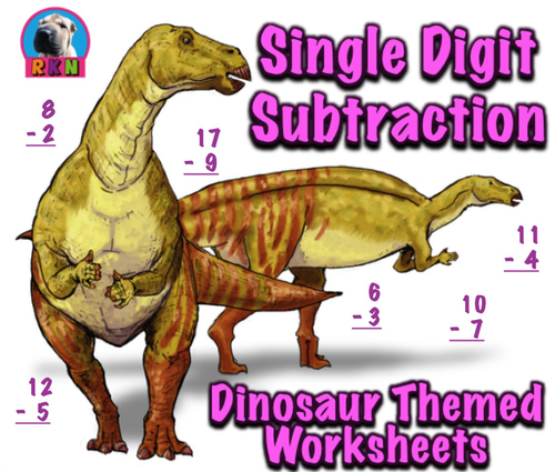 Single Digit Subtraction - Dinosaur Themed - Vertical