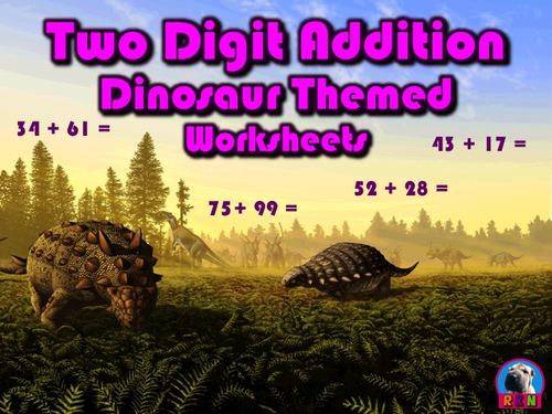 Two Digit Addition - Dinosaur Themed Worksheets - Horizontal