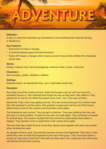 Adventure Mystery story writing poster example sheet by 