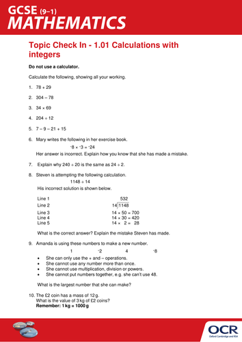 OCR Maths: Initial learning for GCSE - Check In Test 1.01 Calculations with integers