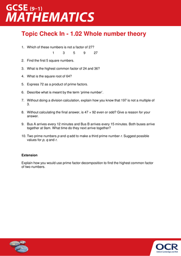 OCR Maths: Initial learning for GCSE - Check In Test 1.02 Whole number theory