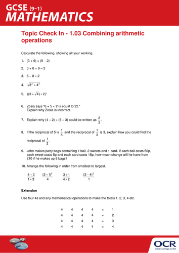 OCR Maths: Initial learning for GCSE - Check In Test 1.03 Combining arithmetic operations
