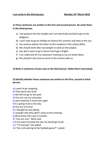 Writing In The Third Person Worksheet Teaching Resources