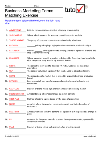 Marketing Exercise - Key Terms Activity