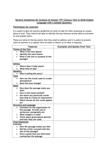 GCSE English Language-Generic Analysis of Unseen 19th Century Texts