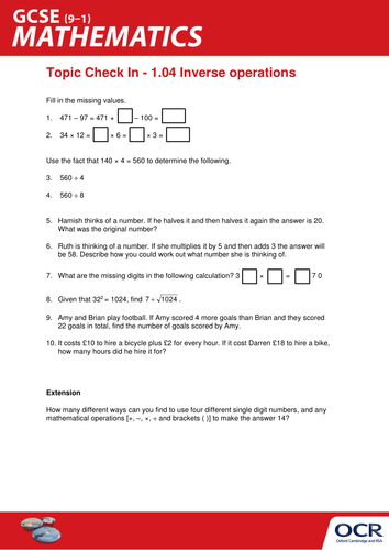 OCR Maths: Initial learning for GCSE - Check In Test 1.04 Inverse operations
