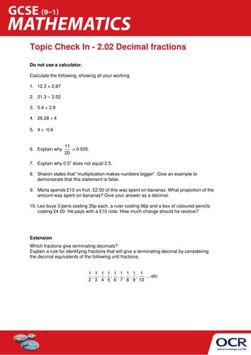 OCR Maths: Initial learning for GCSE - Check In Test 2.02 Decimal fractions