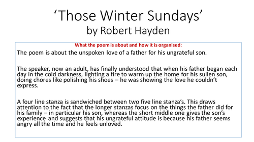 Compare ‘Those Winter Sundays’ by Robert Hayden and ‘An Inheritance’ by Naomi Replansky. 